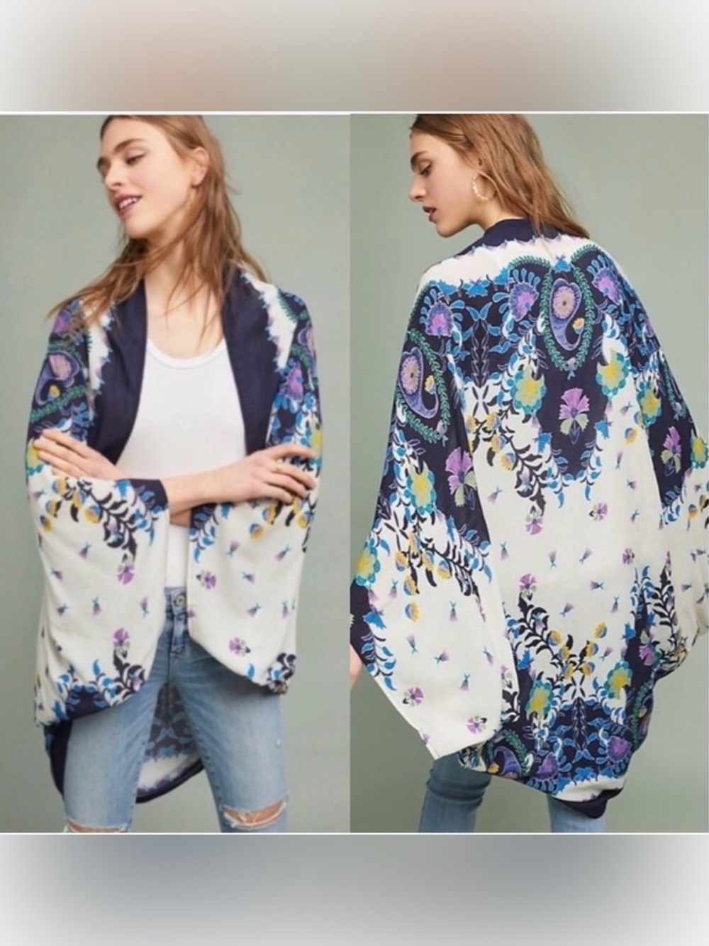 Anthropologie Boho Floral Kimono Wrap Open Front Layering Festival Shawl Chic OS